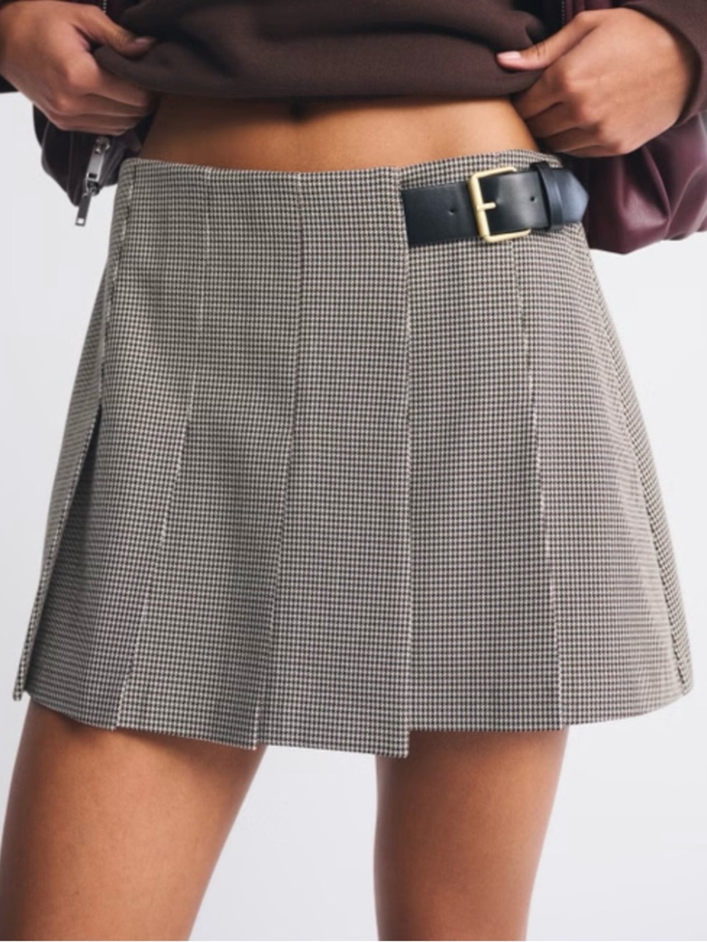 Abercrombie Pleated Mini Skirt Size L Houndstooth Belted Preppy Chic